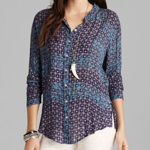 Women's Free People Caravan Button Front Blouse Size XS Blue Beige Plaid Floral